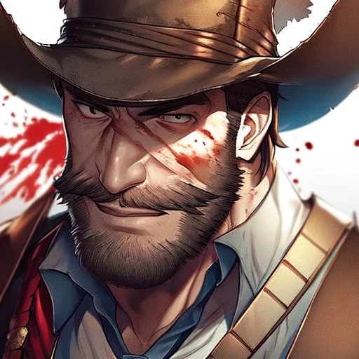 Clear focus, High resolution, max detail, Portrait, bearded, Gunslinger, Cowboy, cowboy hat, serious face, Blood Splatter