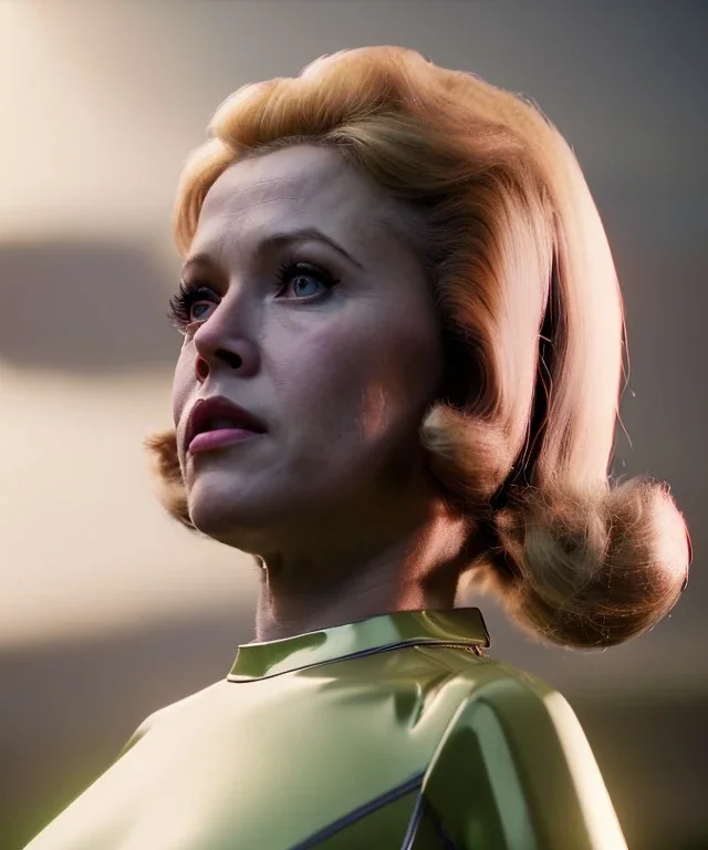 Ultra Realistic retro sci-fi portrait image from 1960, spaceship, sweet young Jane Fonda, dress with tight latex suit, Retro sci-fi weapon, soft color, highly detailed, unreal engine 5, ray tracing, RTX, lumen lighting, ultra detail, volumetric lighting, 3d, finely drawn, high definition, high resolution.