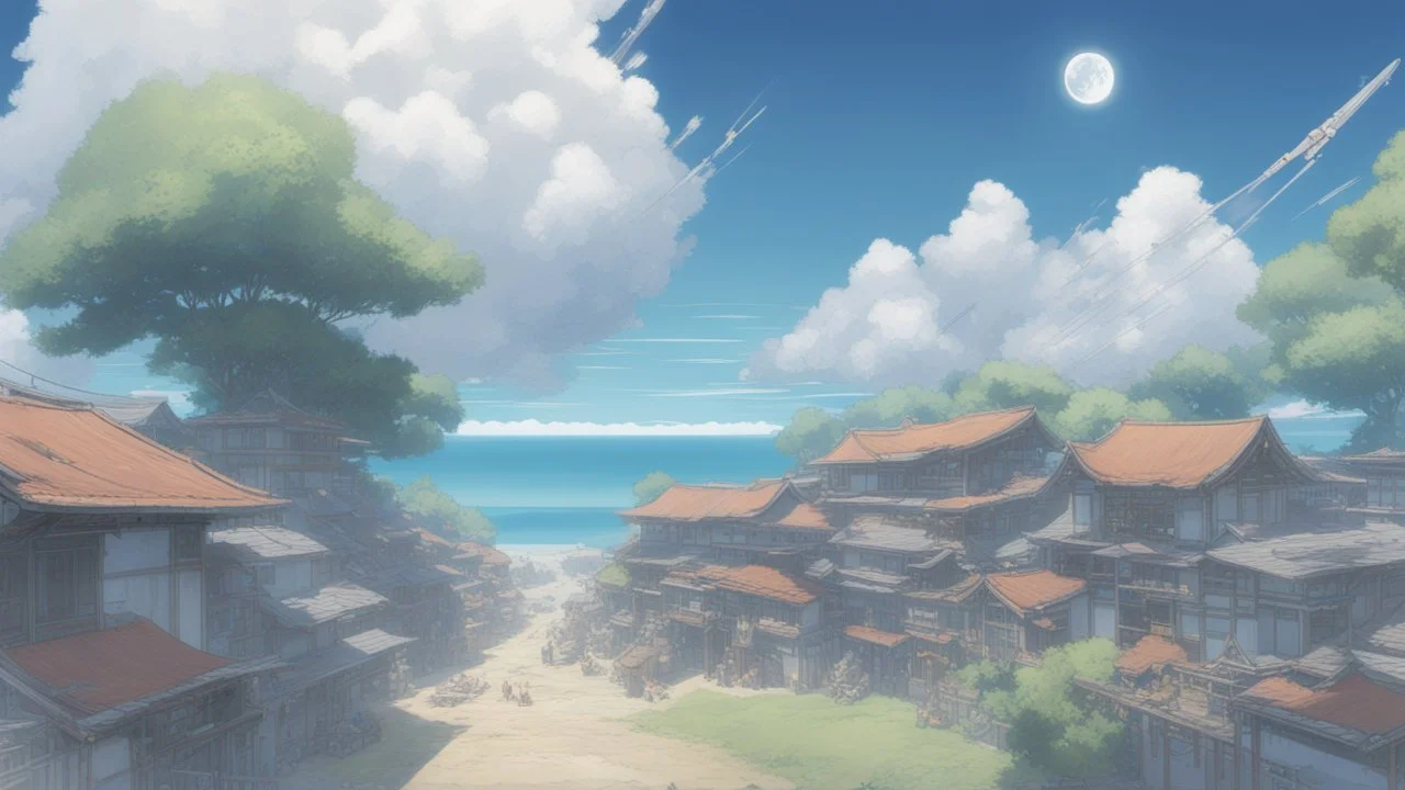 giant half transparent moon, glitchy, blurry, mechanical, sci-fi, maximum quality, centered on frame, far view, seasidel, white sky with cumulonimbus, anime, makoto shinkai style, seaside japanese village