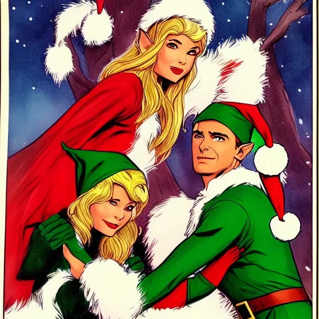 two elves. woman and man. Christmas scene. poster. marvel comic. low-key