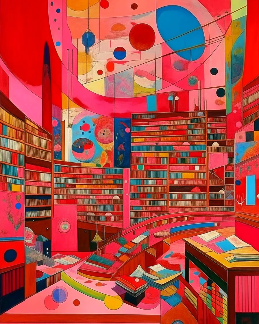 A library filled with pink magic painted by Wassily Kandinsky