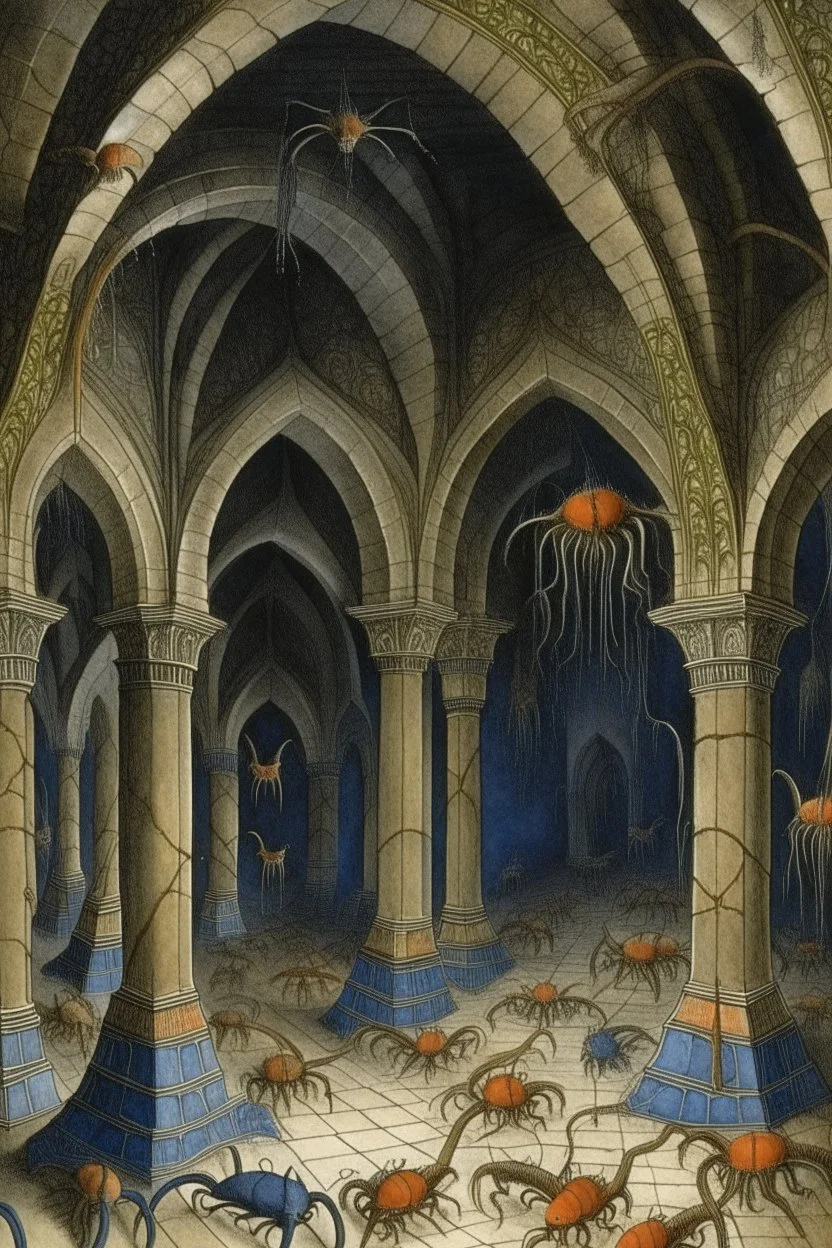 Catacombs filled with spiders painted by The Limbourg Brothers