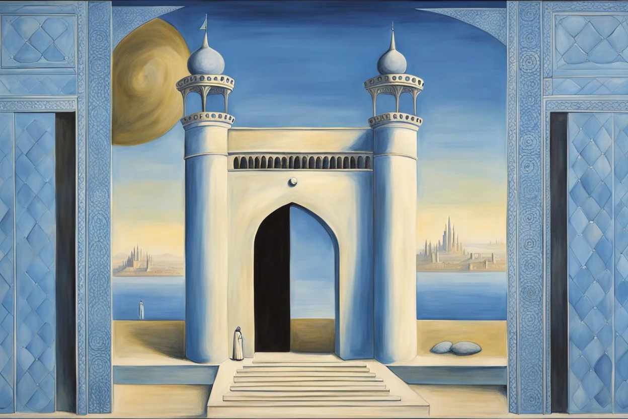 an open gothic_arab gate in a blue-tiled wall with a view of an old city by artist "Rene Magritte",by artist "Leonora Carrington"