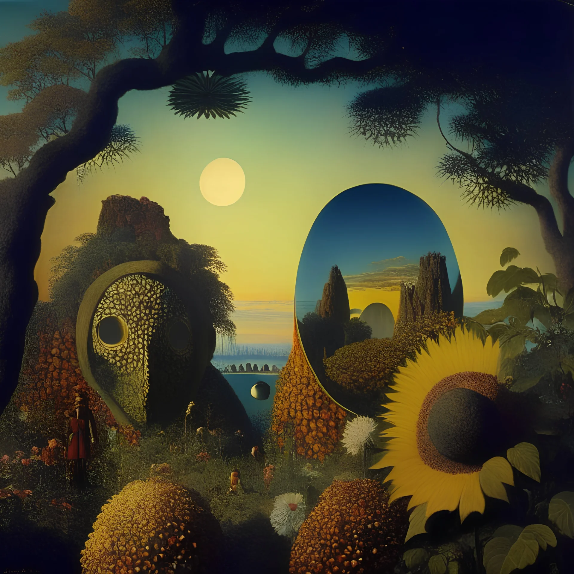 High definition photography of a marvelous landscape, trees, flowers, giant sun, people wearing masks, intricate, rock formations, atmosphere of a Max Ernst painting, Henri Rousseau, thoughtful, interesting, a bit appalling, smooth