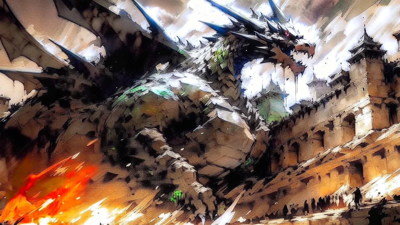 sketch-style painting of a dragon art by Yoji Shinkawa and Valeria Burzo large bats in the background