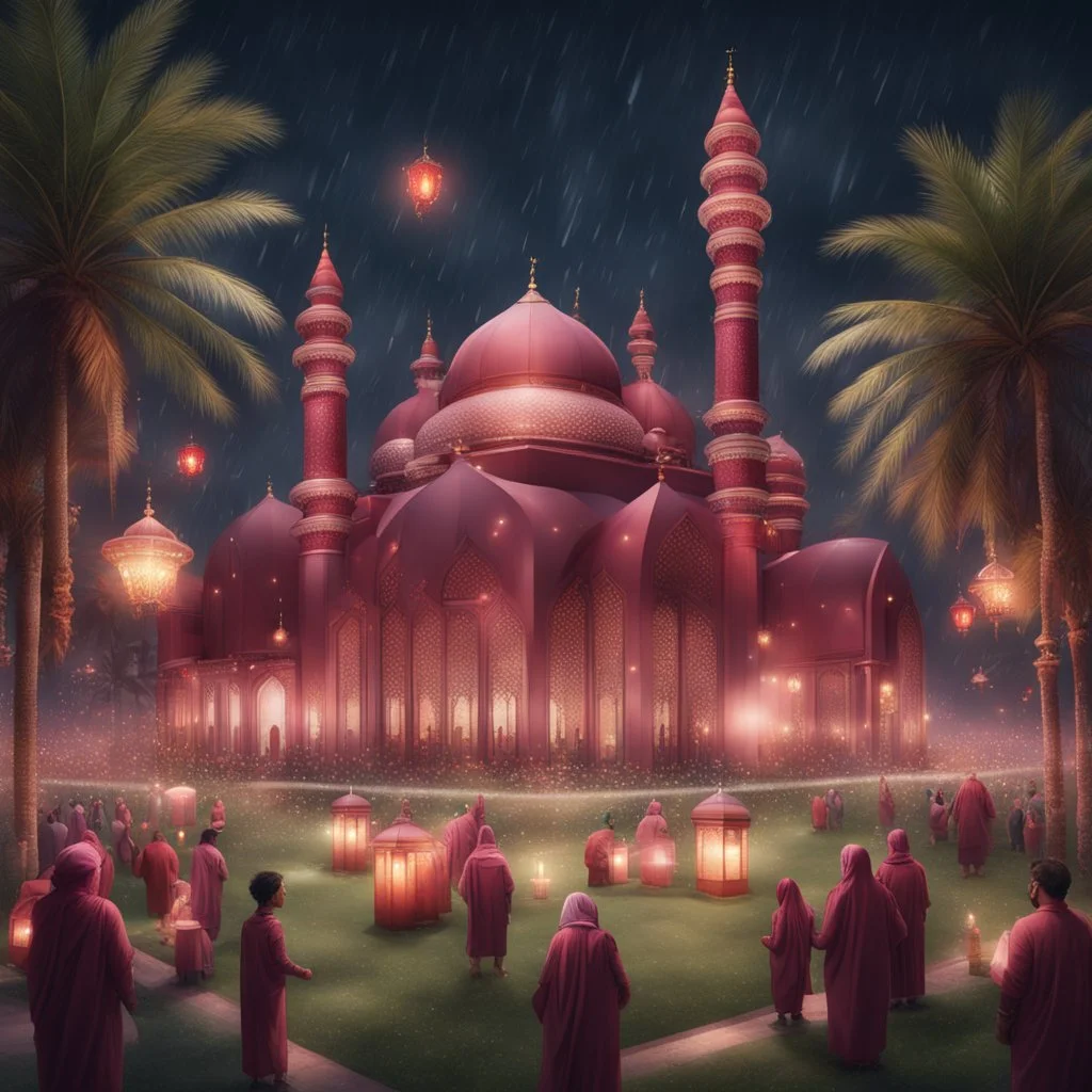 Hyper Realistic areal view of beautiful maroon mosque with people celebrating outside with garland lights & sky lanterns at rainy night with palm trees & grass patches