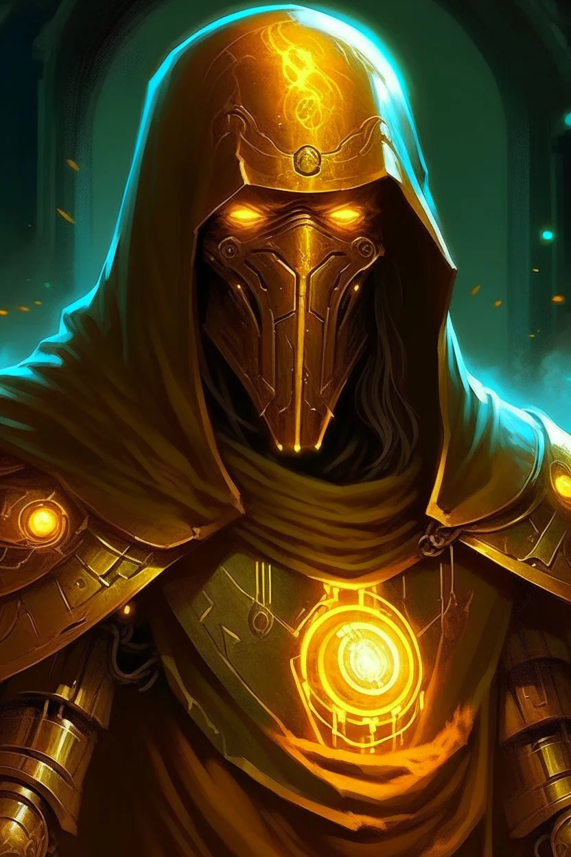 Warforged, made of copper, glowing yellow eyes, wearing cloak