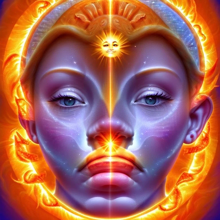 a close up of a sun and moon face, two suns, the sun. beautiful, solar beings, as the goddess of the sun, profile pic, goddess of the sun, unique and intricate painting, sun god, melting sun, the queen of the sun, sunny day time, 3 d goddess portrait, orange fire/blue ice duality!, by Sun Lo