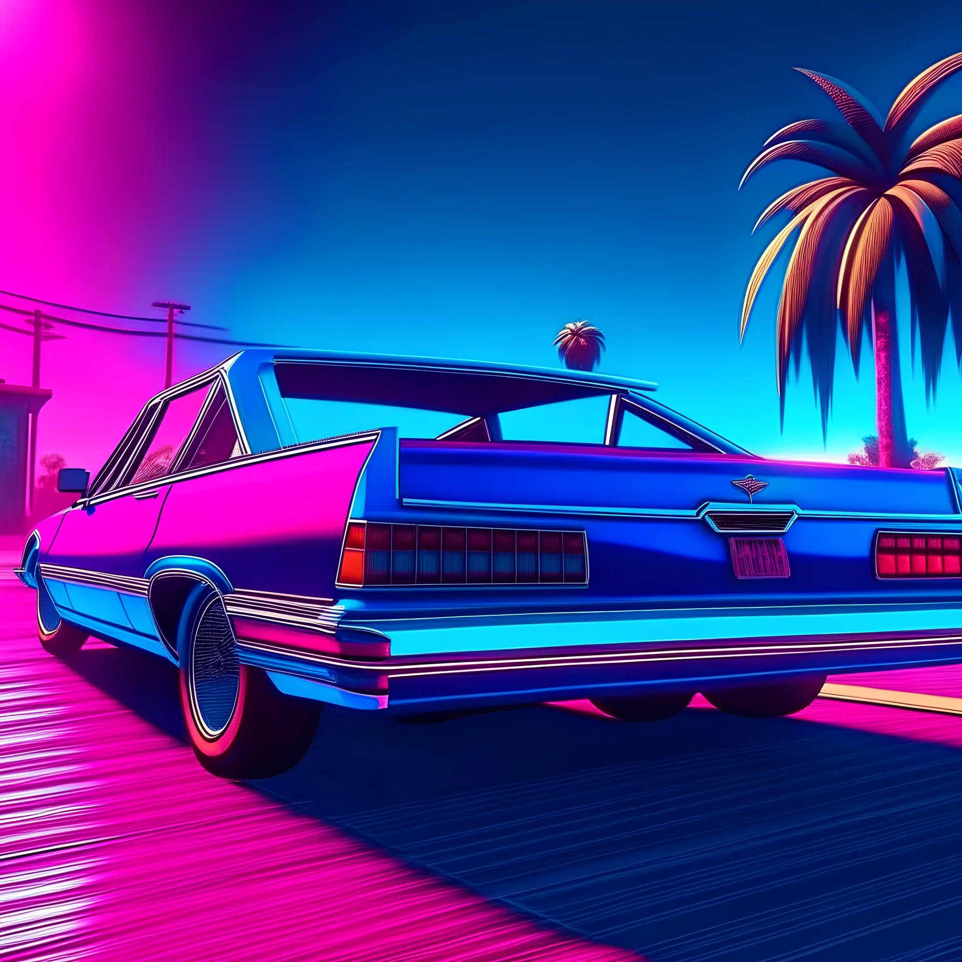 a low rider car with synthwave colors in Miami beach, sunshine, blue sky, biquini girls, art inspired in GTA VI game, cinematic light, intricate details, unreal engine 5, panoramic view