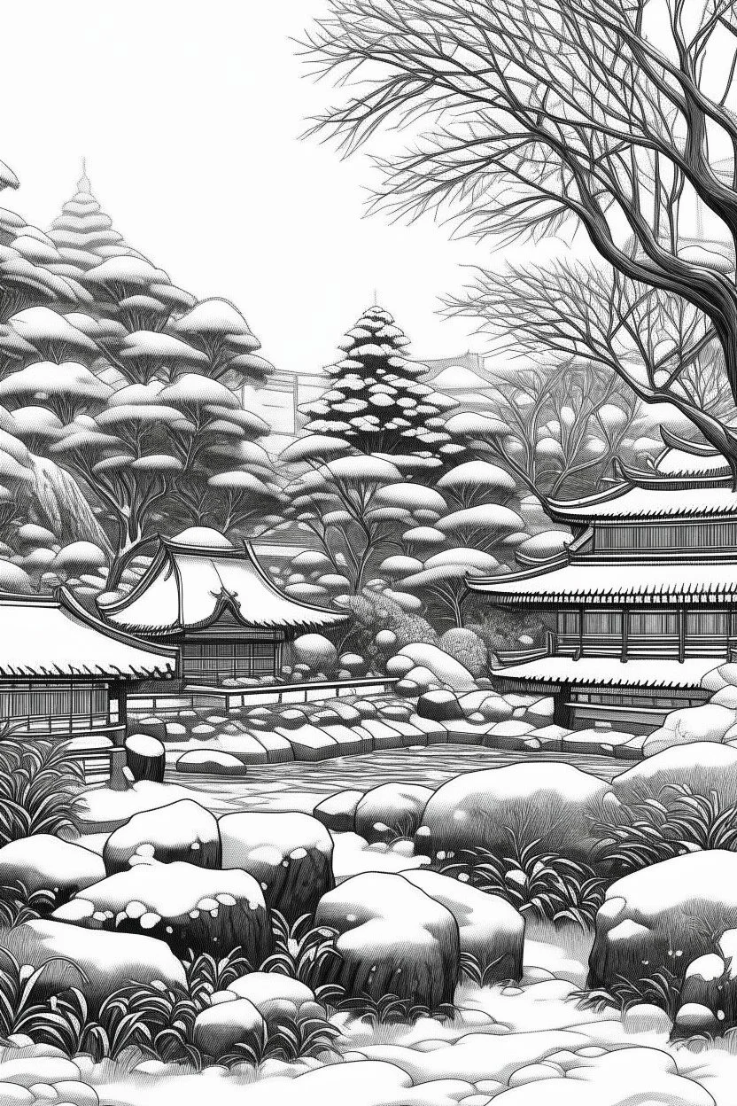 Tokyo garden in Winter abstract pencil black and white STYLE OF HIROKU OGAI