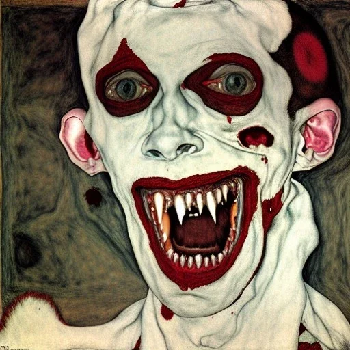 Horror Disfigured bald Vampire,blood big canine teeth with blood, by egon Schiele