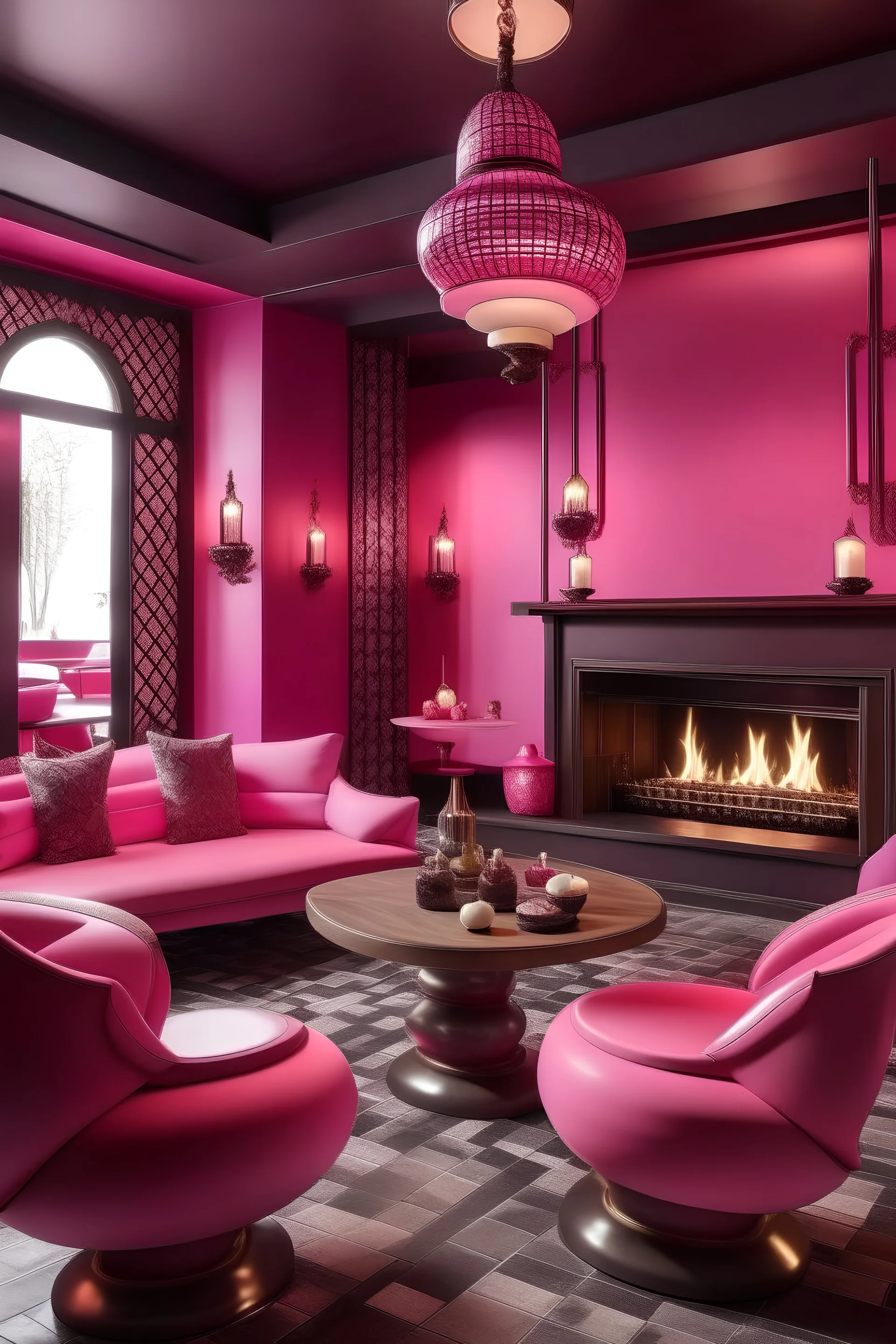 Shisha cafe design in pink with a fireplace inside