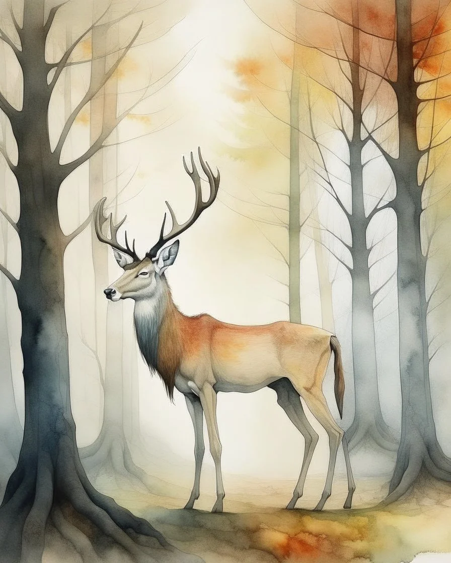 deer with antlers standing sideways, looking at viewer, realistic water color painted, among tall simplified tree trunks, foggy, pastels, colorful