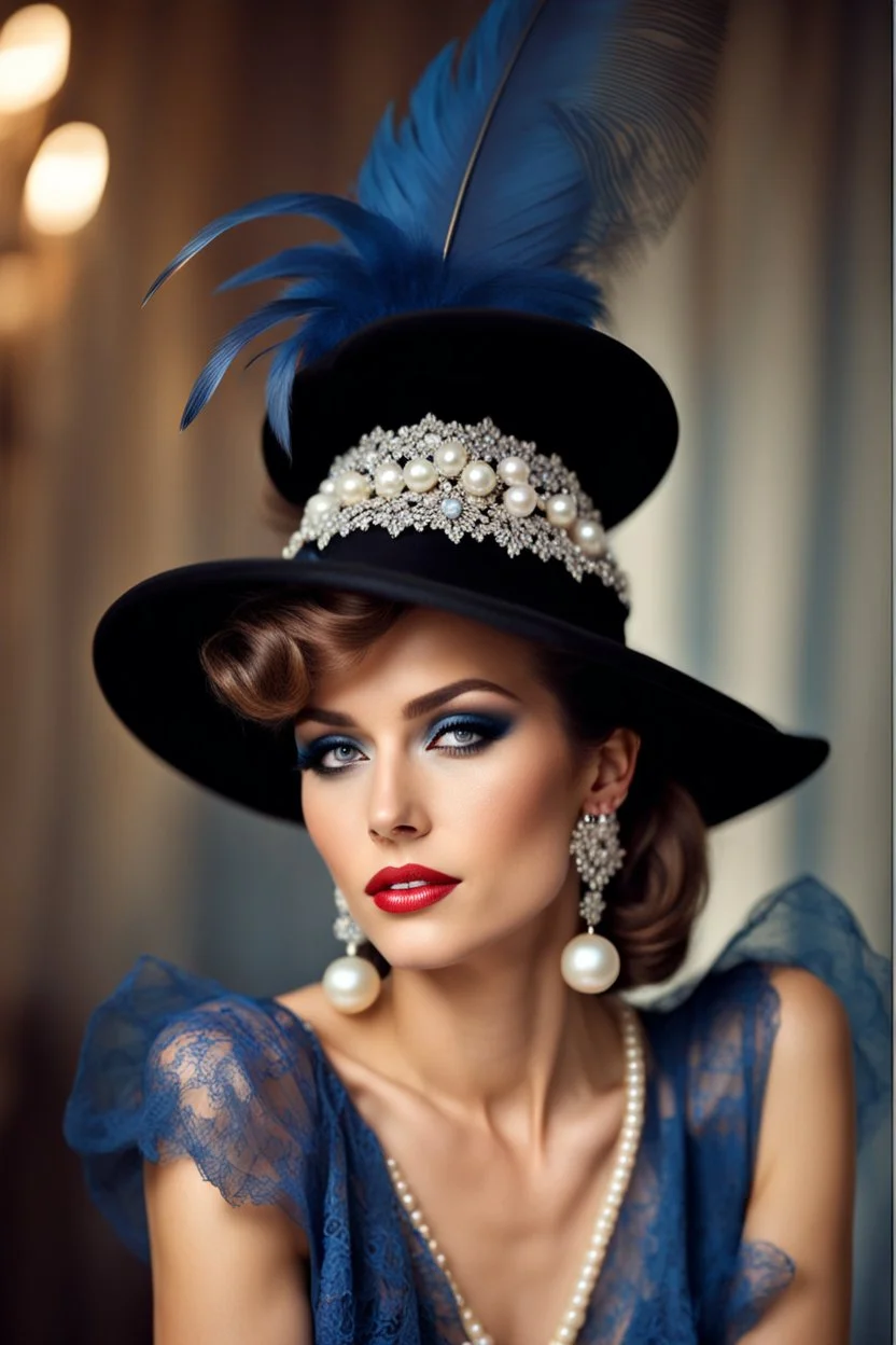 full body beautiful girl, elegant blue lace clothes of the 80s, luxury style, small elegant hat with feather, hair of the 80s, pearl necklace, earrings masterful, beautiful face