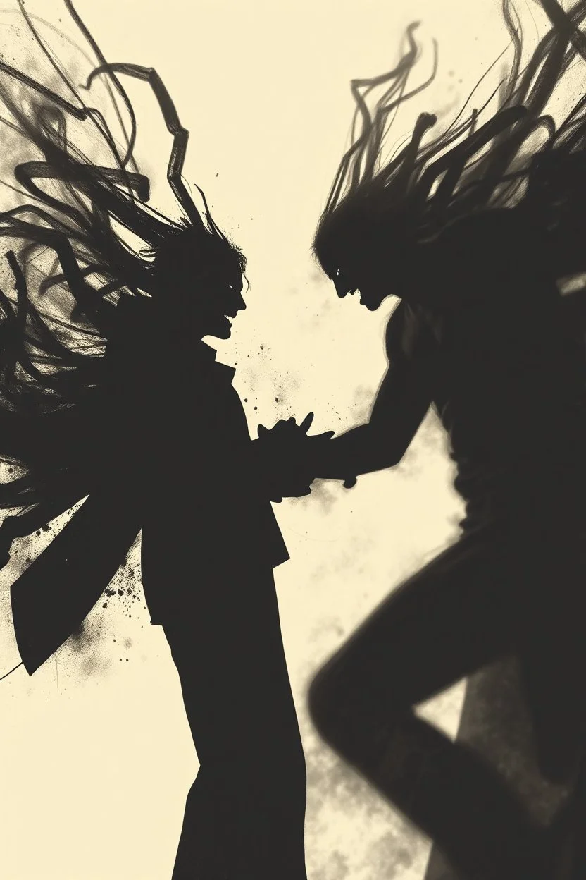 a chaotic, abstract image of two shadows killing one another