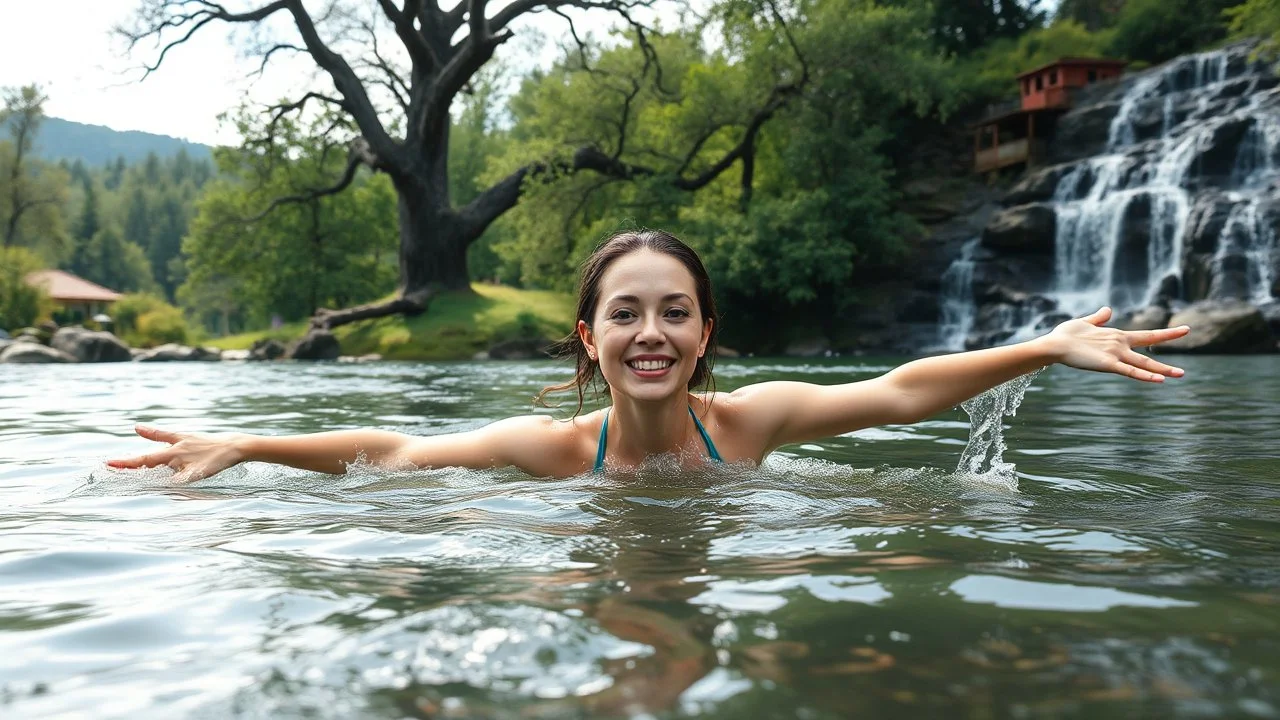 very beautifu lady is Breaststroke swimming in a beautiful river in country side with water falls and big tree,wild flowers and, ,heaven escape,