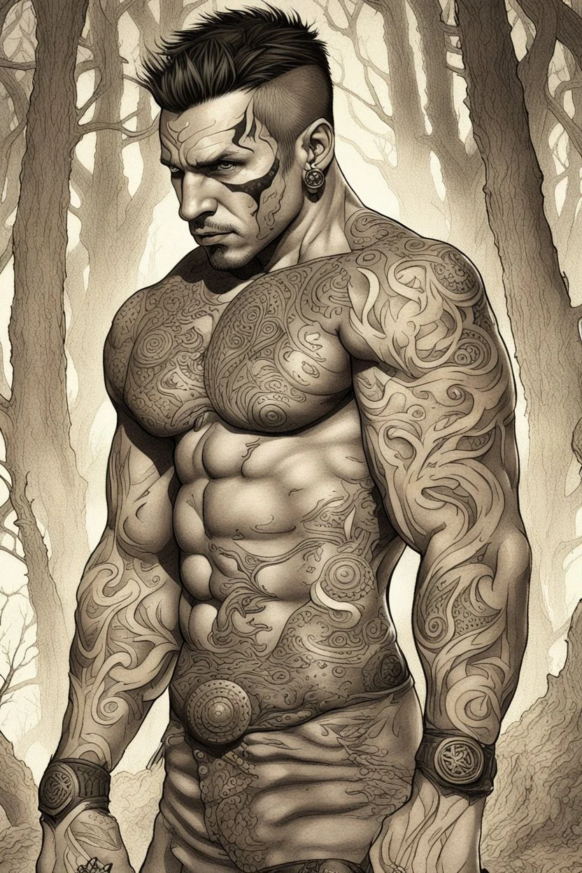 Jason David Frank muscular man with short hair and tribal tattoos piercings in forest, realistic face, close-up, dark fantasy, smoke in the sky, intricate details, hyper detailed