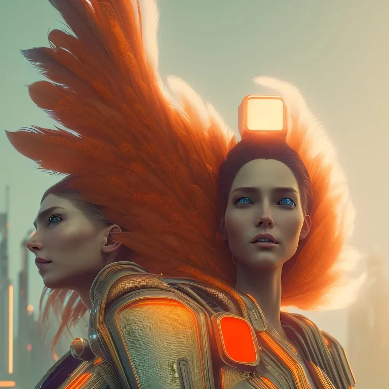 A beautiful portrait of a cyberpunk woman with grain on skim red head with hair flying in the wind cyborg smiling facing camera orange color scheme, high key lighting, volumetric light high details with white stripes and feathers unreal 5, octane render, cinema4d, dynamic lighting, dramatic lighting, 4k, redshift render, highly detailed, hyper realistic like Tron the movie