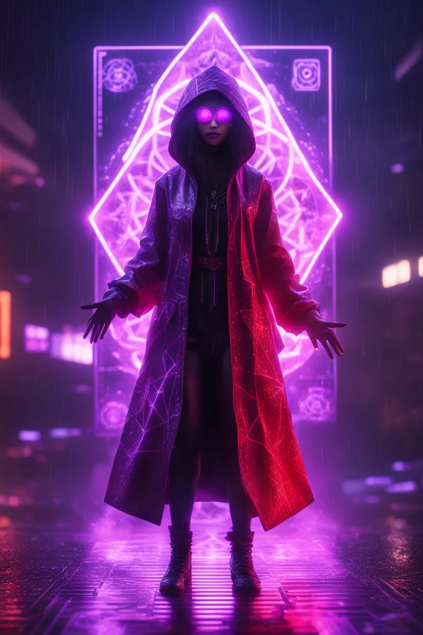 Lense flare,pen outline,Volumetric fog smack yoga lights,paradise sacred geometry framed playing card, black, red, spore and purple neon cyber punk dancer priestess teurgist in soaked rain coat shadows boss card in the style of escher and fallout 4 ,,bokeh like f/0.8, tilt-shift lens 8k, high detail, smooth render, down-light, unreal engine