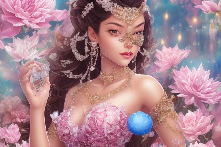 only one pretty asiatique girl souriante just before a magical crystal flower lotus magnolia lys bougainvillier, blue gold house indian palace castle in the woods, magnolias pink,blue lake,sun,white swanns,pink vertical, blue lake,sharp, vines, candlelit, endor, ornate, elegant, highly detailed, artstation, concept art, smooth, sharp focus, illustration, 8k, splash art, wallpaper, key visual