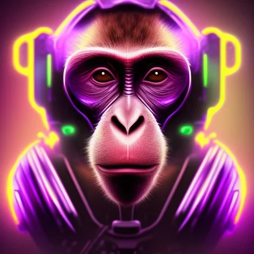 A beautiful portrait of a cyborg monkey purple neon color scheme, high key lighting, volumetric light high details psychedelic background