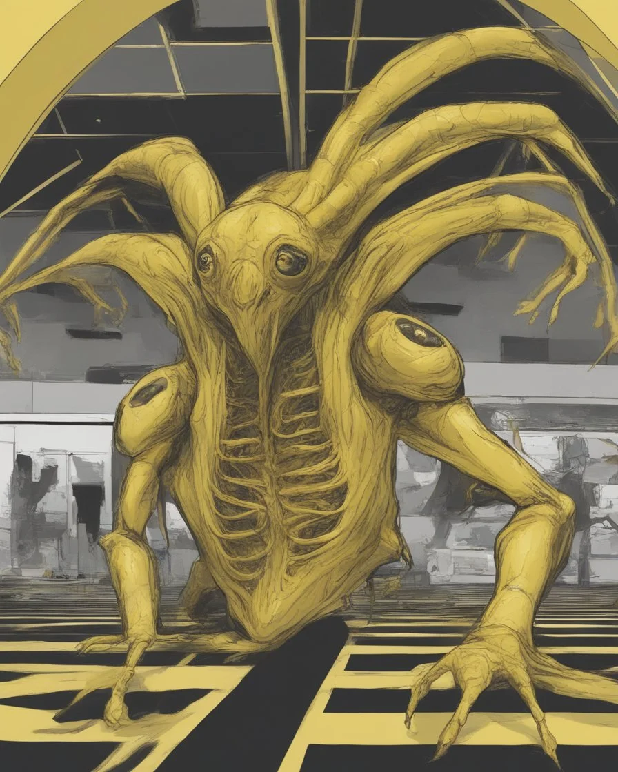 Distorted large yellow insectoid alien black eyes, in a mall, sci-fi art, graphic design, digital illustrated scene, alien art, high strangeness, absurdist, cartoonists