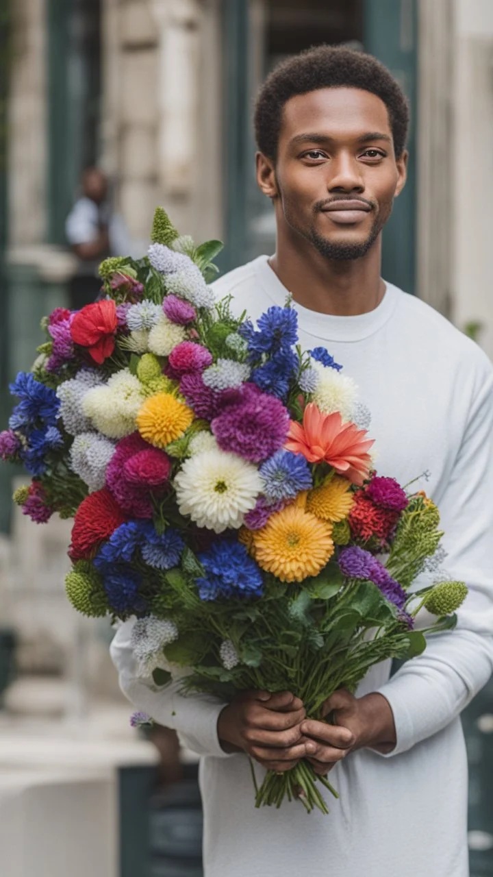 An image of a man holding a bouquet of flowers . --auto --s2