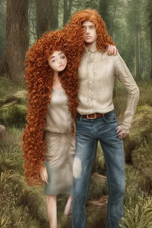 Jeune couple, visage hyper détaillé, réaliste. Forêt fantaisiste détaillée,paysage magnifique, Fille rousse aux cheveux raides et longs, garçon grand, musclé très longs cheveux bruns très bouclés. Fille jean pull, garçon tenue de bûcheron.