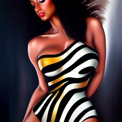 Ultra detailed fullbody Portrait in oil on canvas of Sexy warrioress painted as a zebra ,extremely detailed digital painting,ultrarealistic skin,intense stare, extremely detailed face, crystal clear eyes, mystical colors ,perfectly centered image, perfect composition, rim light, beautiful lighting,masterpiece ,8k, stunning scene, raytracing, anatomically correct, in the style of Simon Bisley and uncannyknack and Ohrai Noriyoshi and robert e howard and Steve Jung.