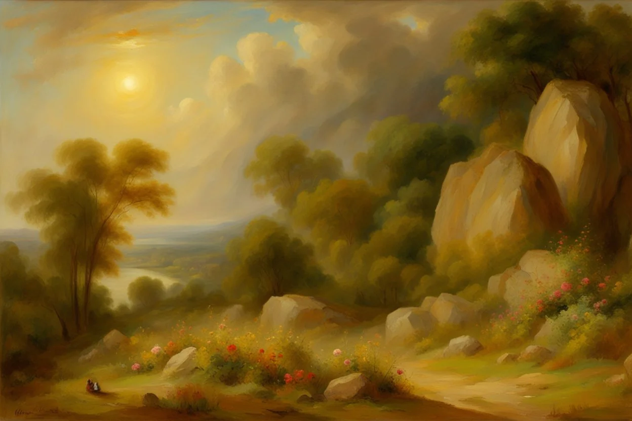 sunny day, clouds, rocks, trees, mountains, flowers, william turner paintings