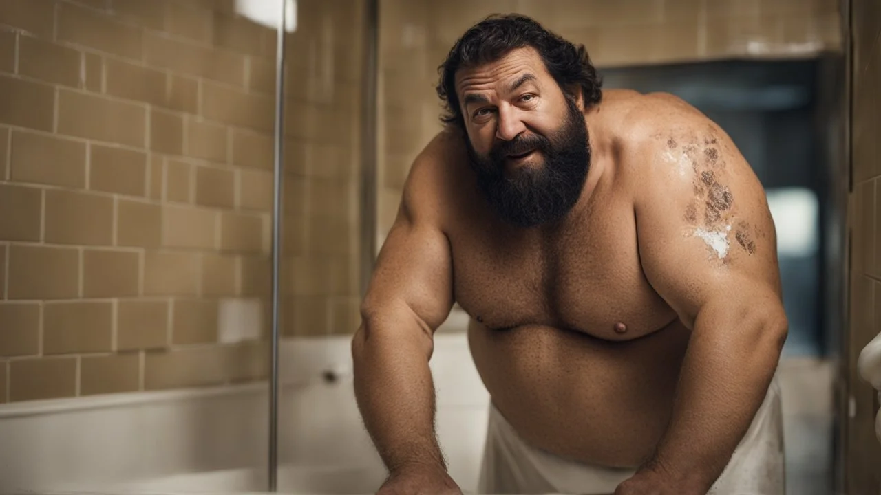 two ugly muscular chubby arab 45 years old similar to bud spencer, very detailed, full figure shot, very realistic photography, dim light, view from below, tiled restroom, tattoo, masculine bearded, white substance dripping from beard, with glue stuck to and dripping from beard,, , mature barely burly bearded muscled and robust