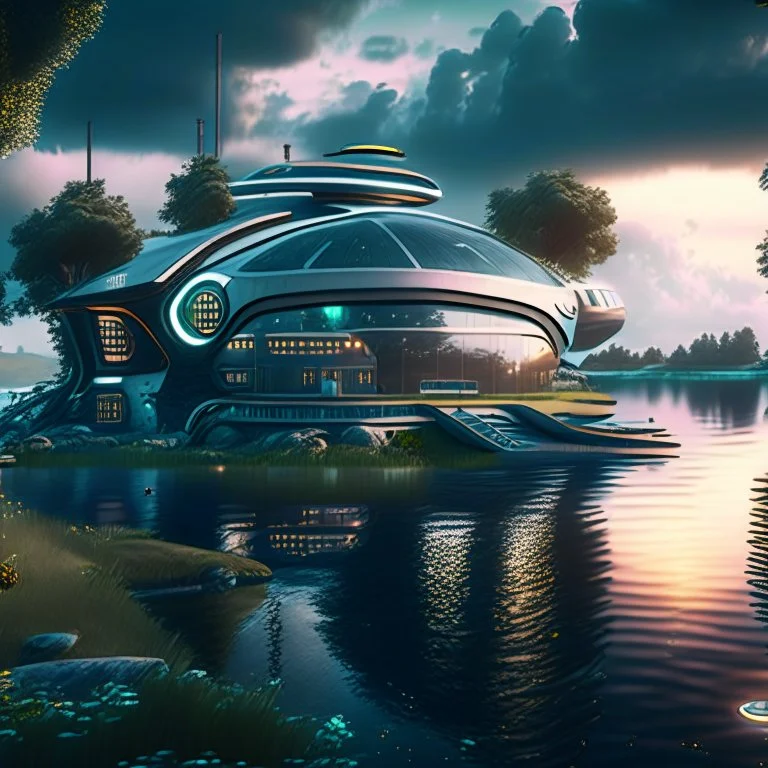 Futuristic waterfront country house science fiction hyper-realistic 8k detail