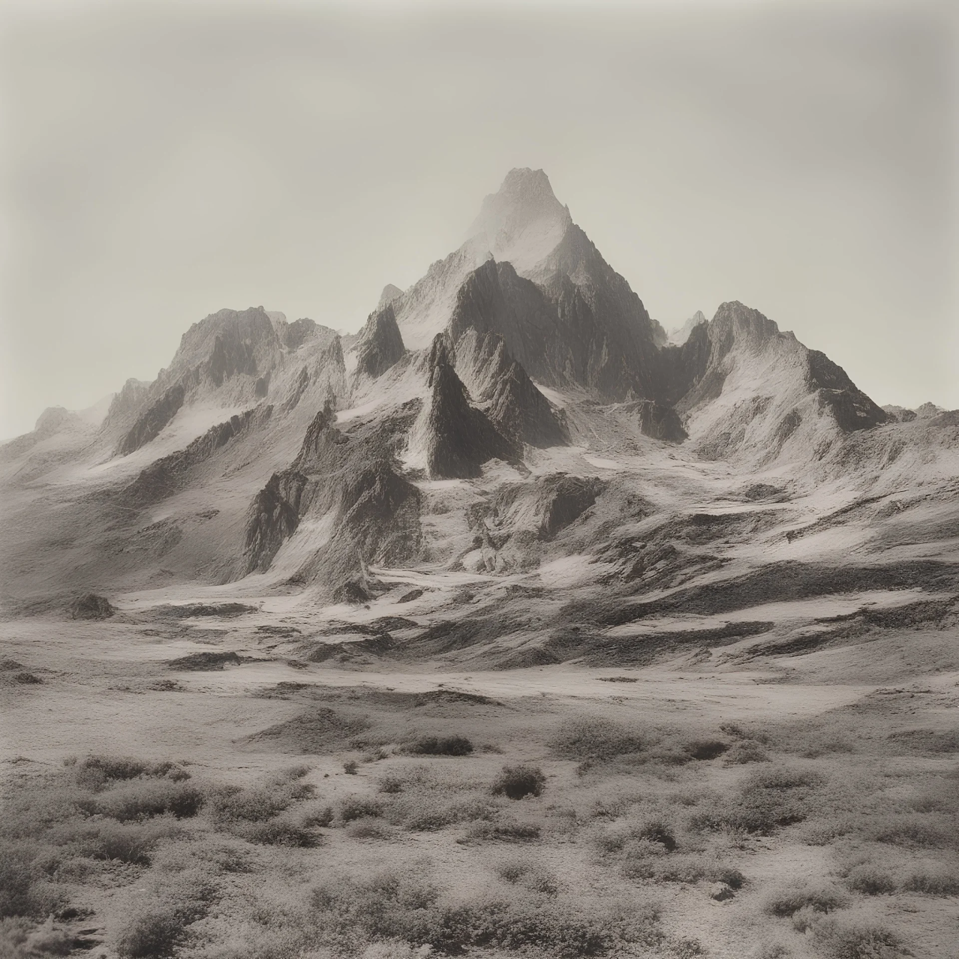 Mountains in the 1970s, old analog photography with white frames, damaged