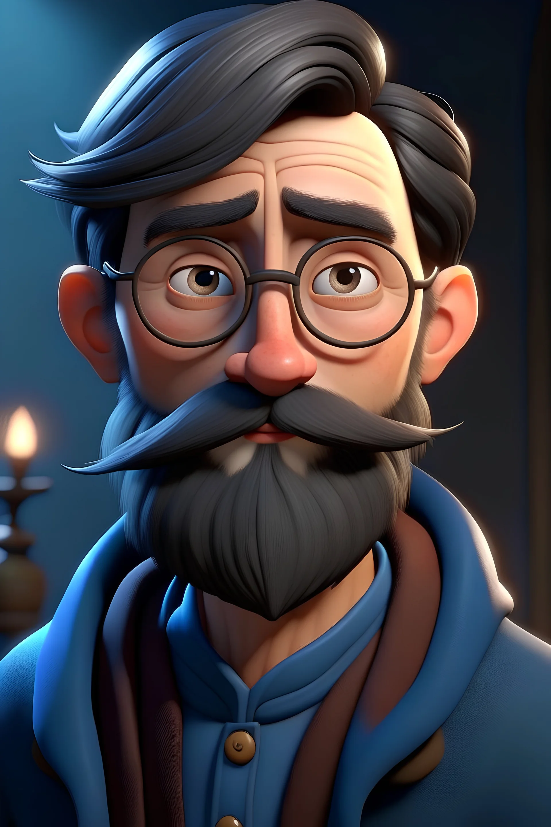 Generate a fully realistic Disney-style avatar in 4K resolution featuring a male character with large, expressive eyes and a kind facial expression. The character should be dressed as a wizard, complete with a beard and glasses. Pay attention to intricate details in the outfit, beard, and glasses to capture the whimsy and charm associated with Disney characters. Emphasize a sense of magic and wonder in both the facial expression and the wizard attire. Ensure that the eyes are captivating and con