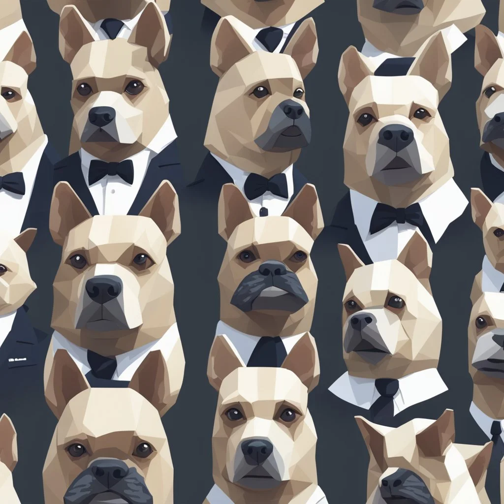 make one realistic business dog that is made of shapes and has a suit on looks a little like crystals with arms lowest 2048 x 1152 pixels og højst 6 MB