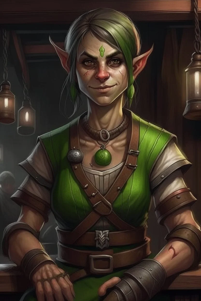 Dungeons and dragons She is an orc. She has green skin. She is kind. She is handsome. She has nice eyes. She has short hair. She is strong. She is in a tavern. She has broad shoulders. She has a large jaw. She wears casual peasant clothes. Realistic style