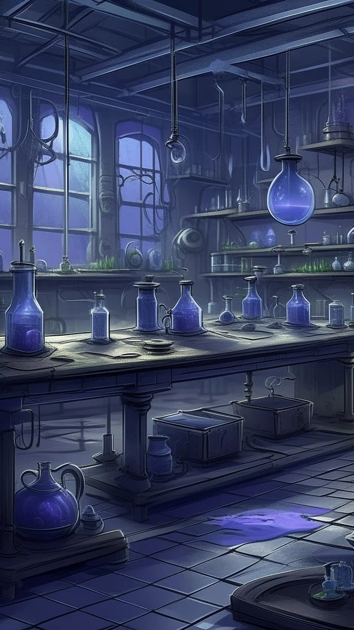 A grayish purple cybernetic laboratory with potions painted by Vincent van Gogh