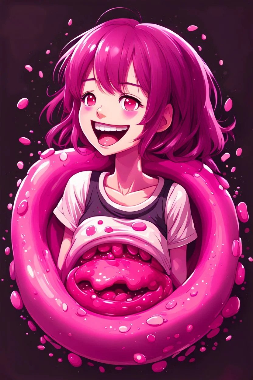 A detailed illustration Anime girl smiling crushed inside really darkpink fleshy stomach filled with digestive juices, t-shirt design, fantasy art, bokeh, Adobe Illustrator, digital painting, soft lighting, focused on the character, vector logo, vector art,