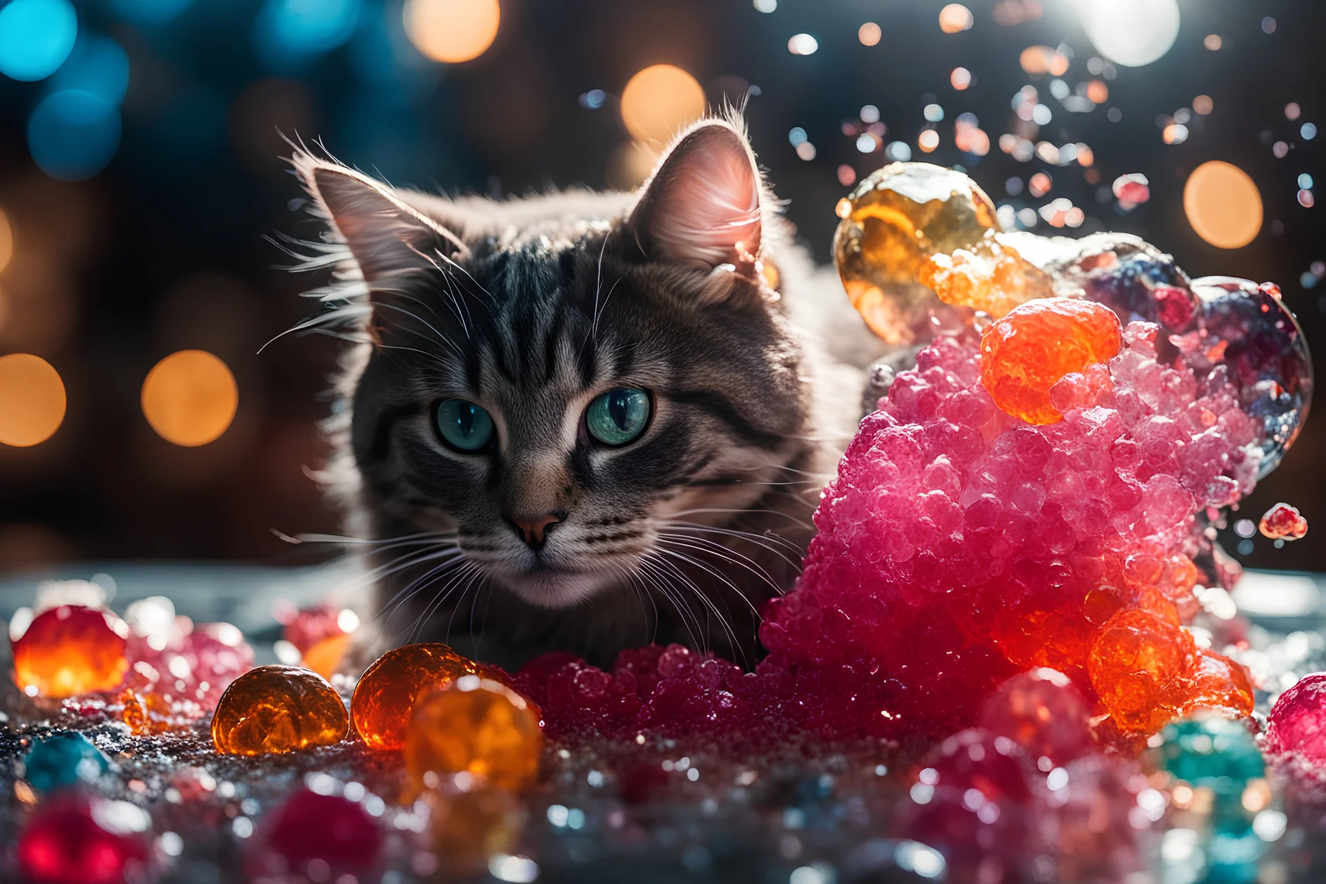 jelly explosion, tasty, cat, details, intricate detail, professional lighting, film lighting, 35mm, anamorphic, lightroom, cinematography, bokeh, lens flare, film grain, hdr10, 8k, Roger Deakins, incredibly detailed, reflect, sharpen