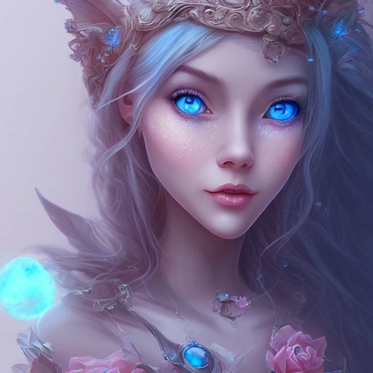 portrait, visage sourire, fée, magicienne, grands yeux bleus, fantasy, bleu et rose