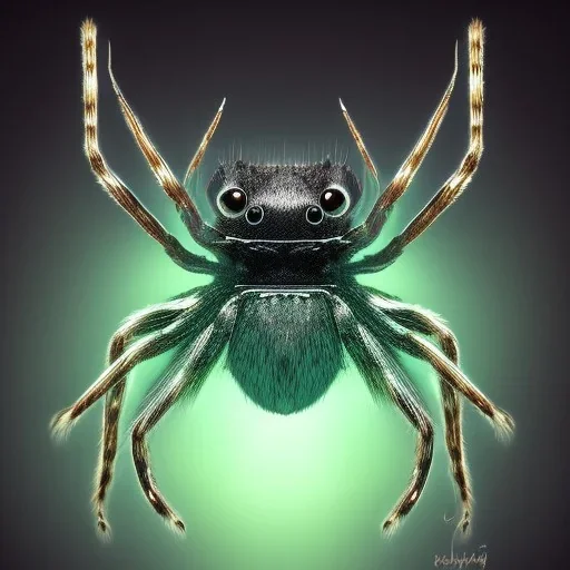 This spider is the size of a small horse, with eight long, slender legs tipped with sharp, venomous claws. Its body is covered in shimmering black fur, and its eyes glow a bright, otherworldly green. It has a pair of venomous fangs that can be extended from its mouth, and it can spin webs of magical energy to ensnare its prey. This spider is intelligent and cunning, and it is feared by all who encounter it in the realm of fantasy.