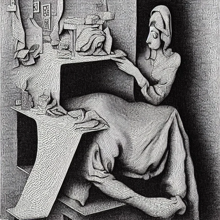 portrait of a helpless woman by Escher