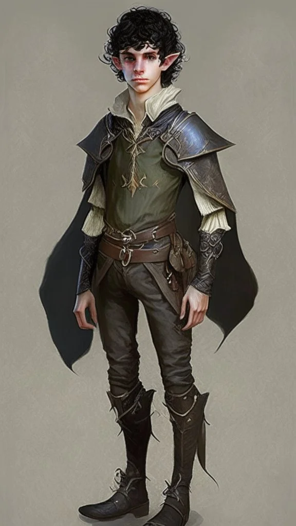 a teen elf. he has curly, black hair and sharp cheekbones. His eyes are black. He wears fantasy medieval clothes. he is lean and tall, with pale skin. full body with boots