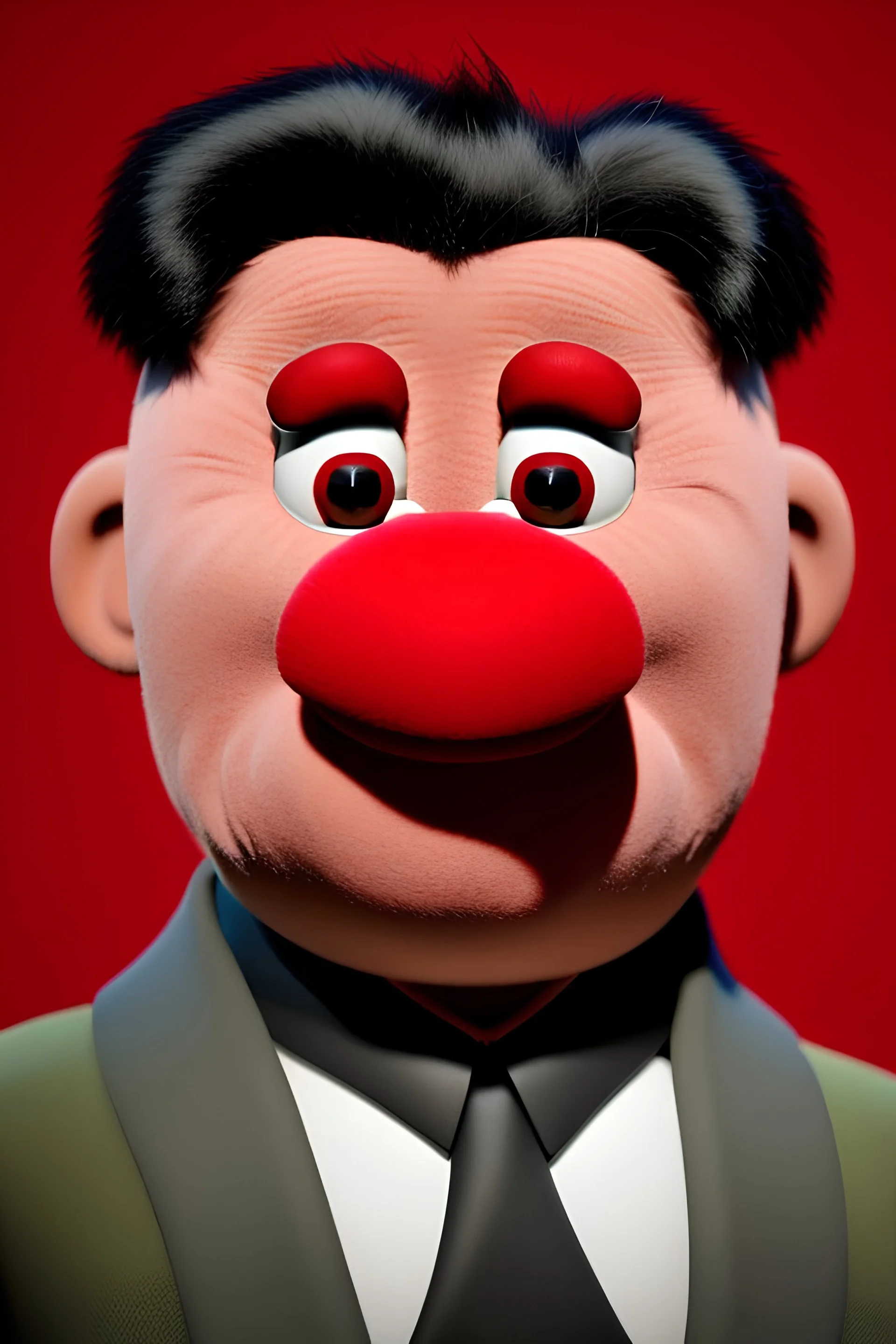 Waist up muppet Portrait, Kim Jong-un muppet doll, black suit, photo studio, red background, unreal engine 5, concept art, art station, god lights, ray tracing, RTX, lumen lighting, ultra detail, volumetric lighting, 3d.