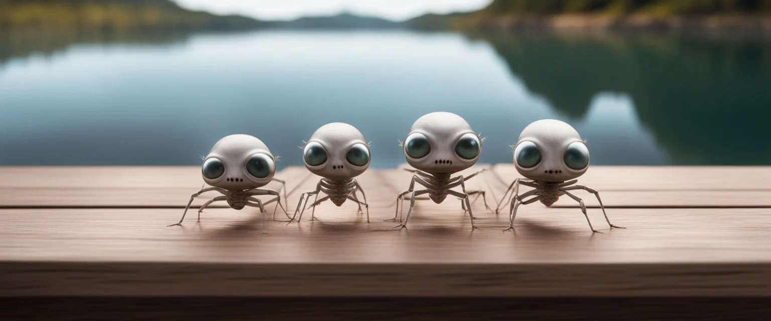 close up on dented glowing ghost transparent ant skeleton rat babies in fast boat with googly eyes, raised by ninja necromancer in the wild, on wooden bridge by lake in surreal reflecting stone chrome landscape, background motion blur, volume light