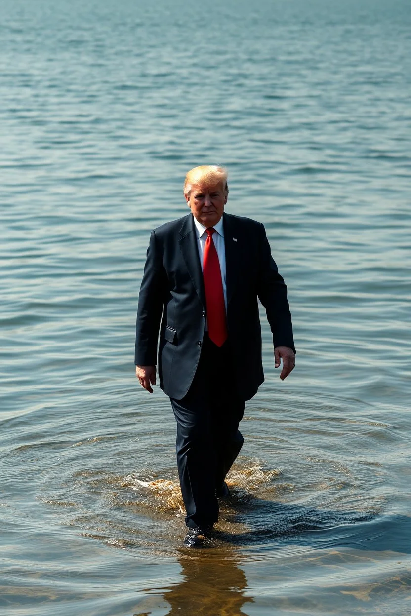 donald trump walking on the surface of water dressed in gold frontal view