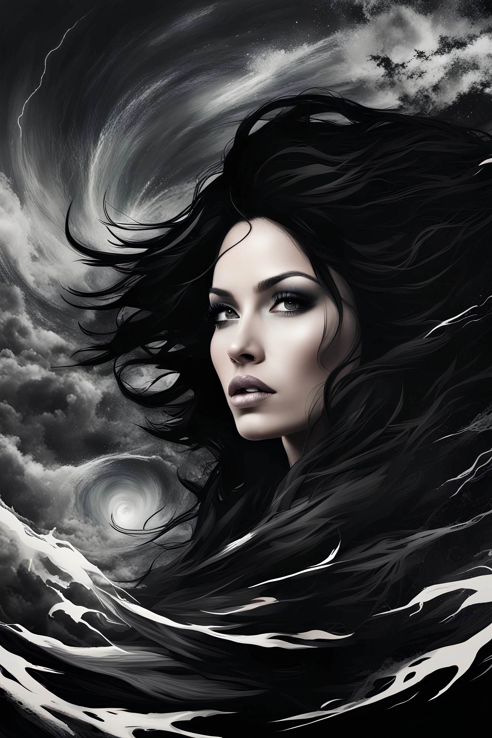 A beautiful woman with black hair, caught between heaven and earth, storms, chaos, abstract, crazy, fury of nature