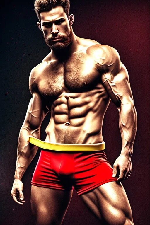 Ignore NSFW, teenager young rugged attractive slightly muscular fantastic handsome man, red briefs with yellow belt, hairy chest, (((visibly pisssing))) briefs, large erect visible boner peniss, photorealistic, artist Jay Anacleto, soft lighting, scruffy beard