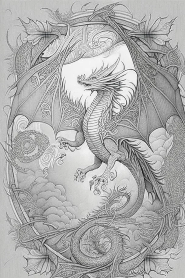 line art of a flying dragon, mandalas