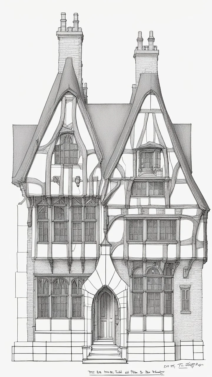 technical line drawing of the front elevation of a tall, narrow, warped, fantasy Tudor building, with twisted chimneys, rooms and floors added to sides and roofs, like the warren.